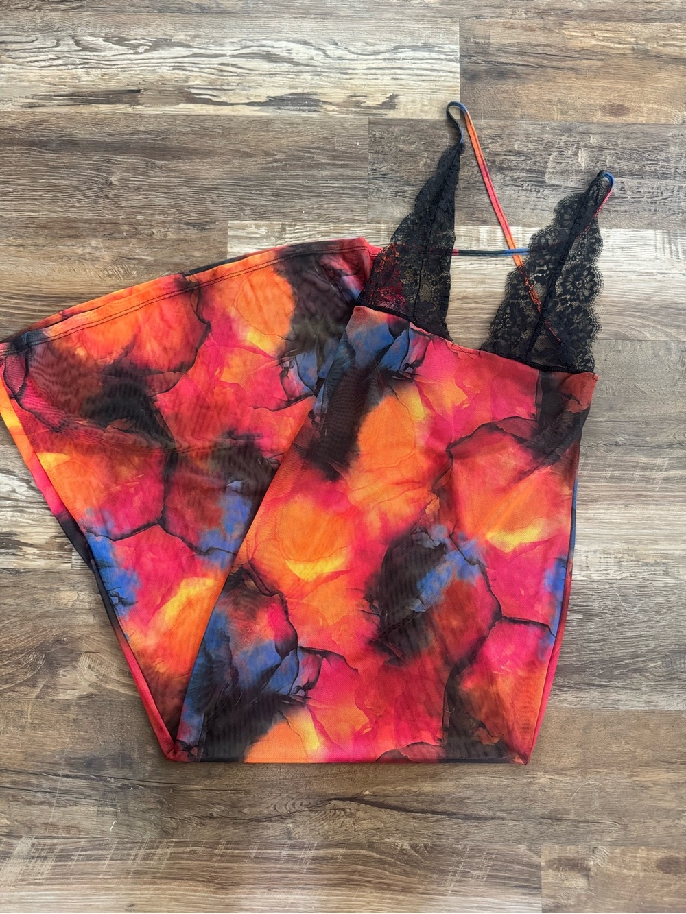 Vibrant Tie-Dye Mesh Lace Trim Slip Dress